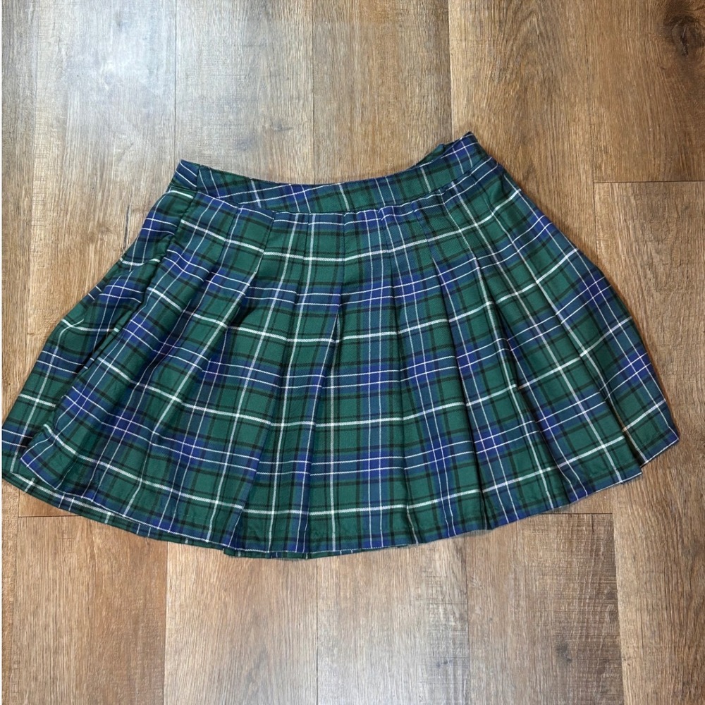 Forever 21 Y2K Green Blue Plaid Pleated Mini Skirt Medium Preppy Schoolgirl